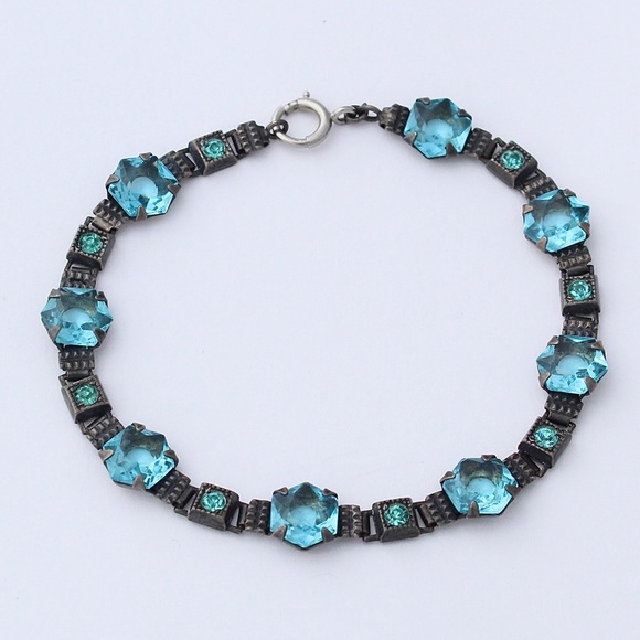 Vintage Walter E. Hayward Blue Glass Sterling Silver Link Bracelet - Picture 3 of 5